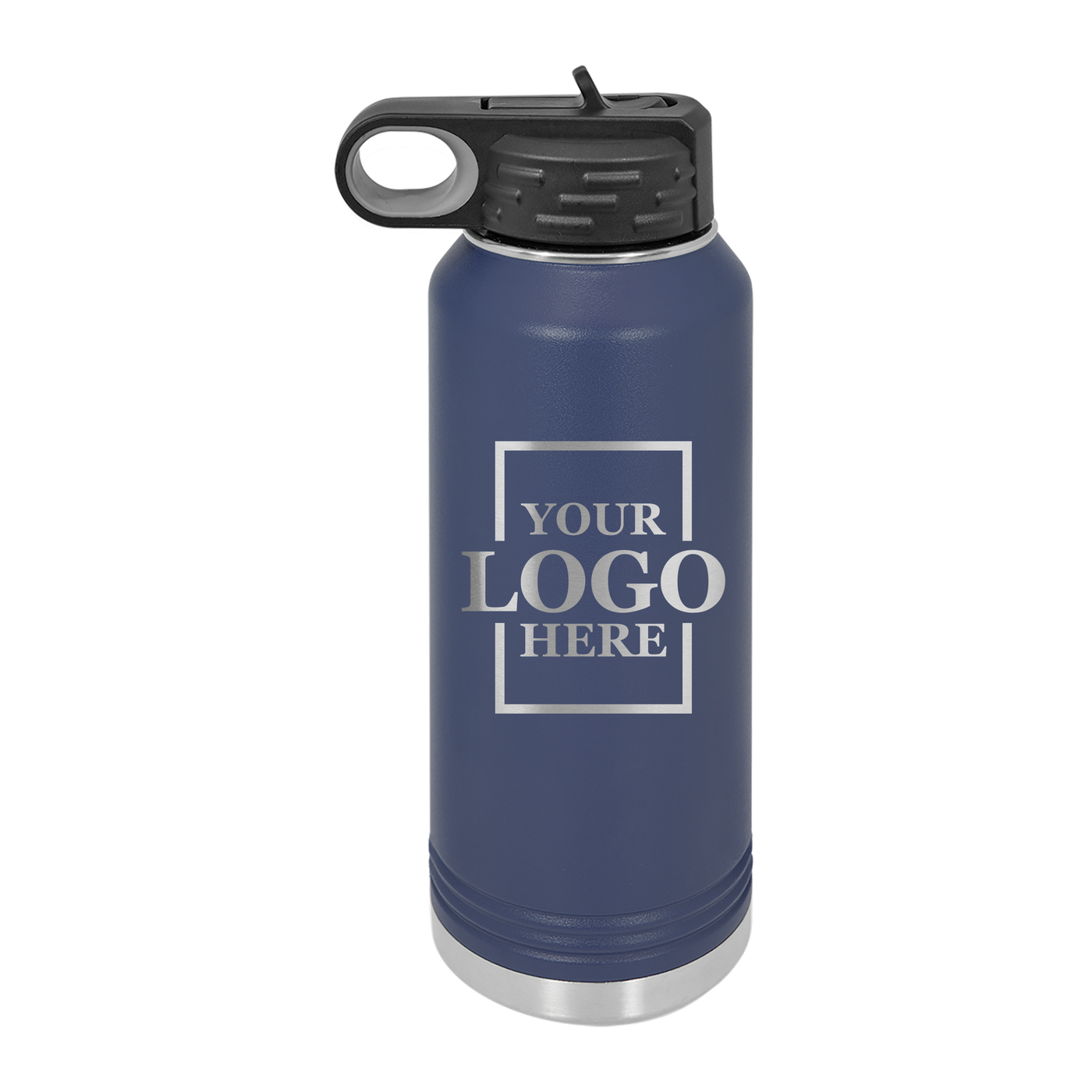 Real estate gift of 32 oz water bottle in navy with silver engraving