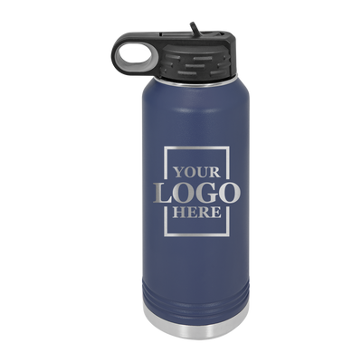 Real estate gift of 32 oz water bottle in navy with silver engraving