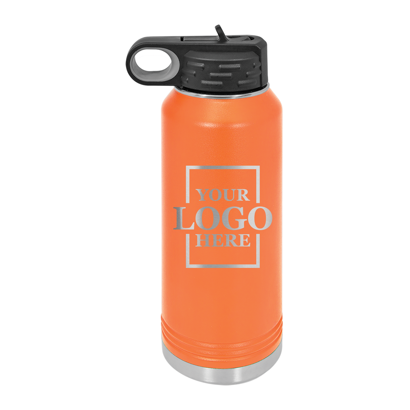 Real estate gift of 32 oz water bottle in orange with silver engraving