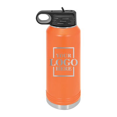 Real estate gift of 32 oz water bottle in orange with silver engraving