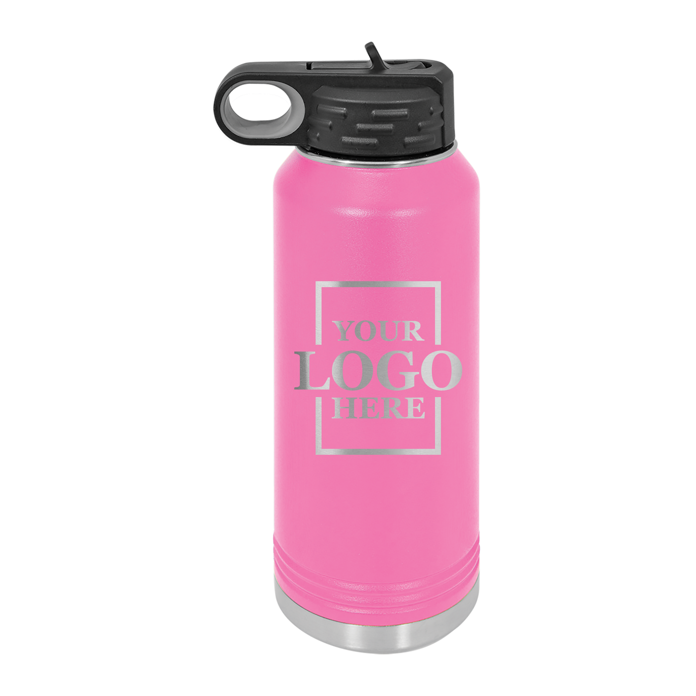 Real estate gift of 32 oz water bottle in pink with silver engraving