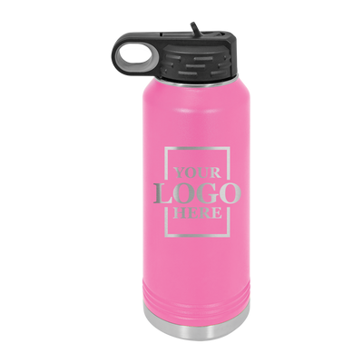 Real estate gift of 32 oz water bottle in pink with silver engraving