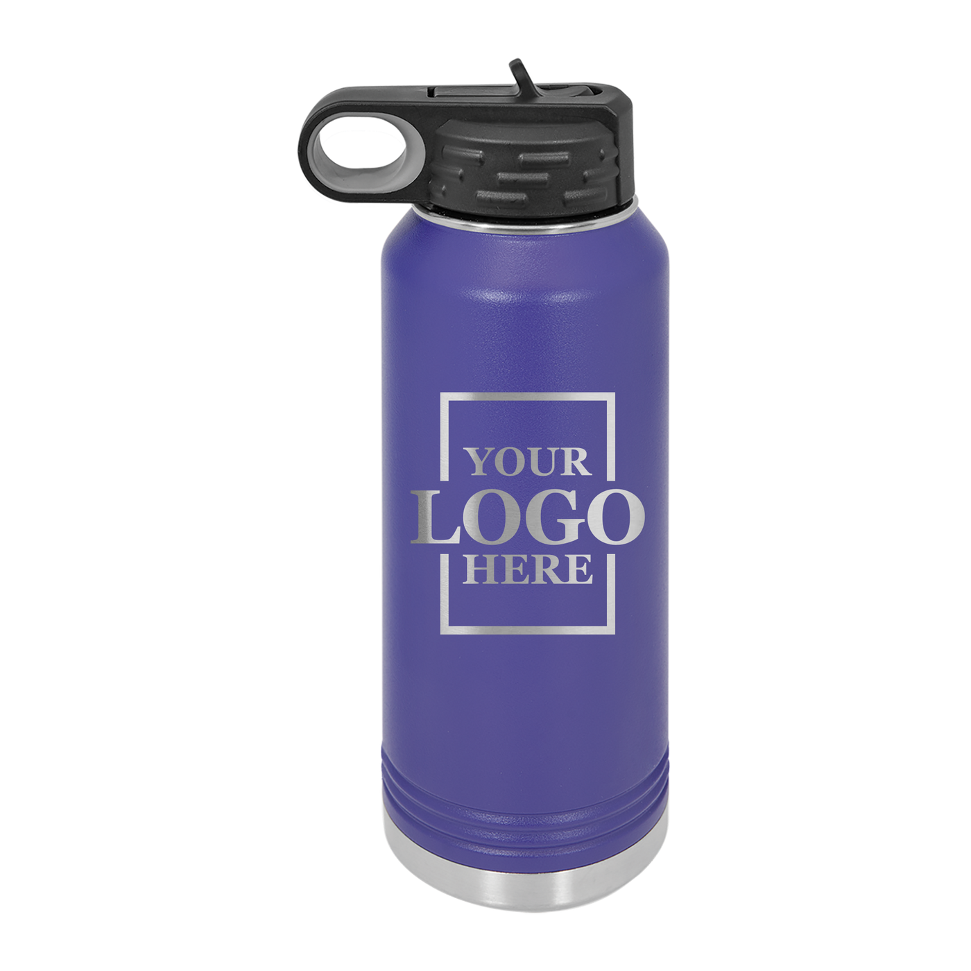 Real estate gift of 32 oz water bottle in purple with silver engraving