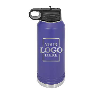 Real estate gift of 32 oz water bottle in purple with silver engraving