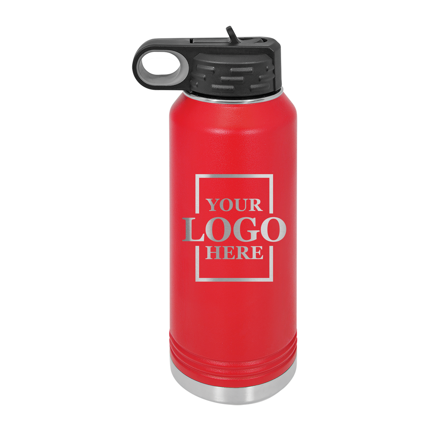 Real estate gift of 32 oz water bottle in red with silver engraving