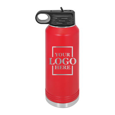 Real estate gift of 32 oz water bottle in red with silver engraving