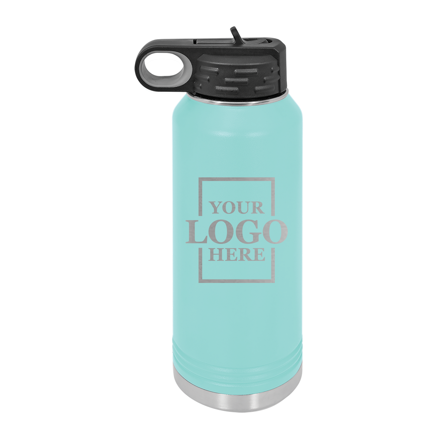 Real estate gift of 32 oz water bottle in teal with silver engraving