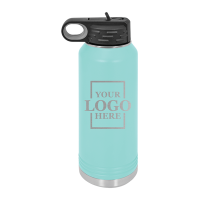 Real estate gift of 32 oz water bottle in teal with silver engraving