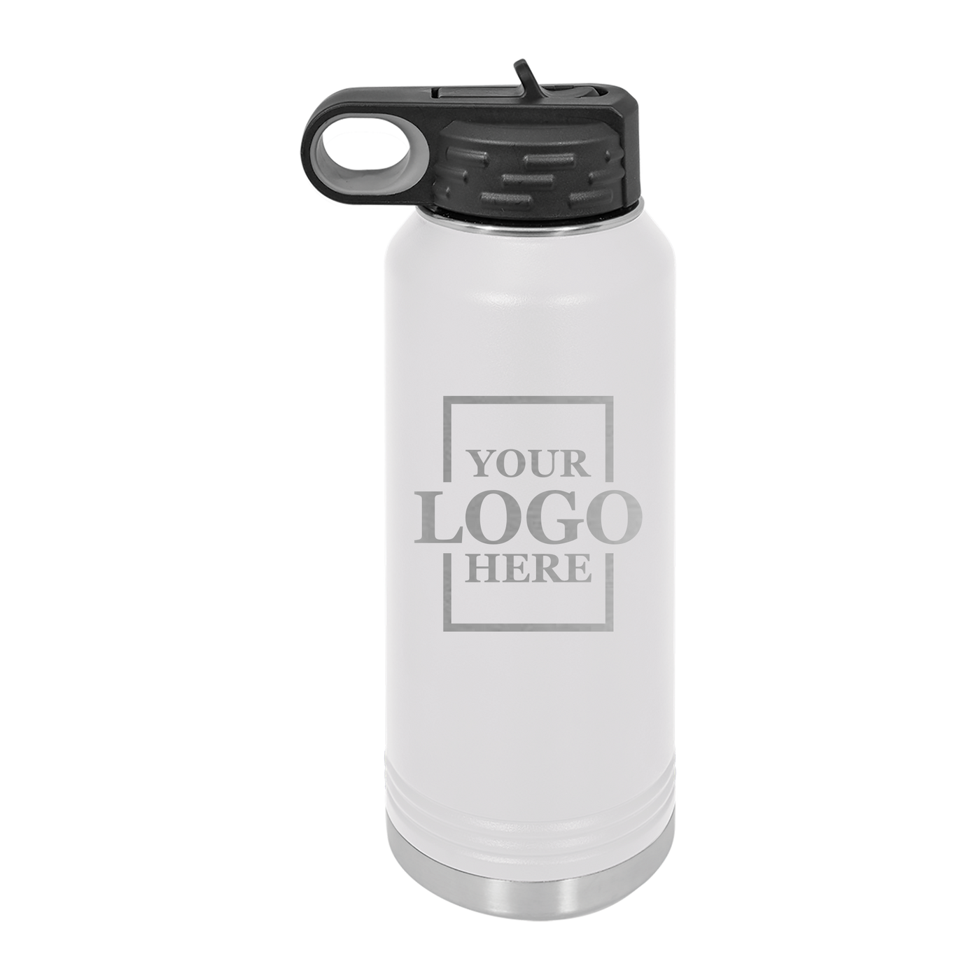 Real estate gift of 32 oz water bottle in white with silver engraving