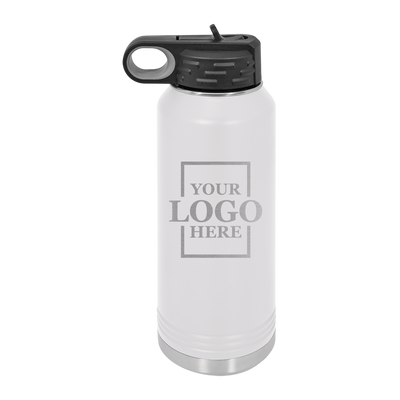 Real estate gift of 32 oz water bottle in white with silver engraving