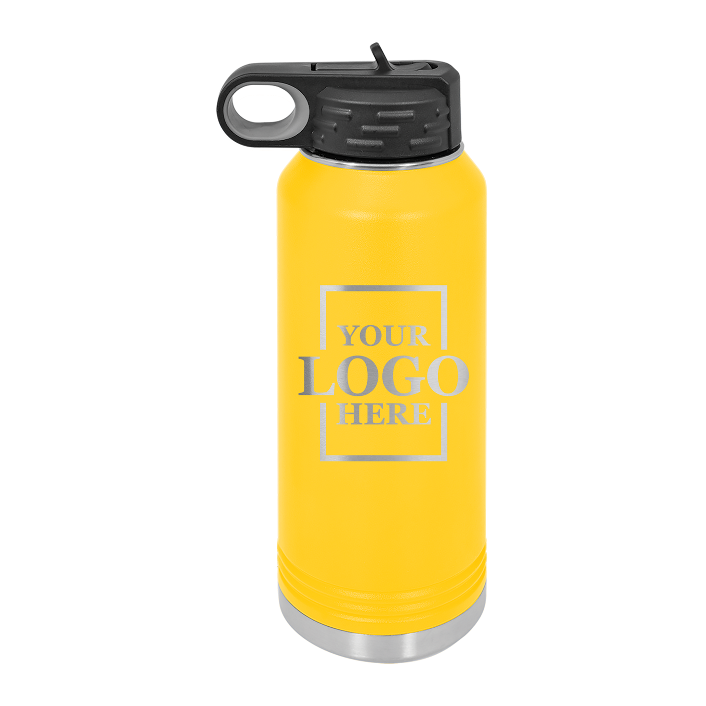 Real estate gift of 32 oz water bottle in yellow with silver engraving