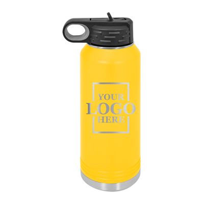 Real estate gift of 32 oz water bottle in yellow with silver engraving
