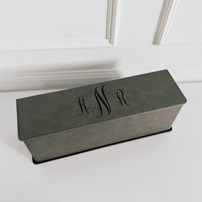 Real estate gift of a custom engraved gray wine box with black engraving custom set 1 with design 5 of initials