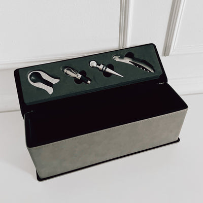 Real estate gift of a custom engraved gray wine box with wine tools on the inside