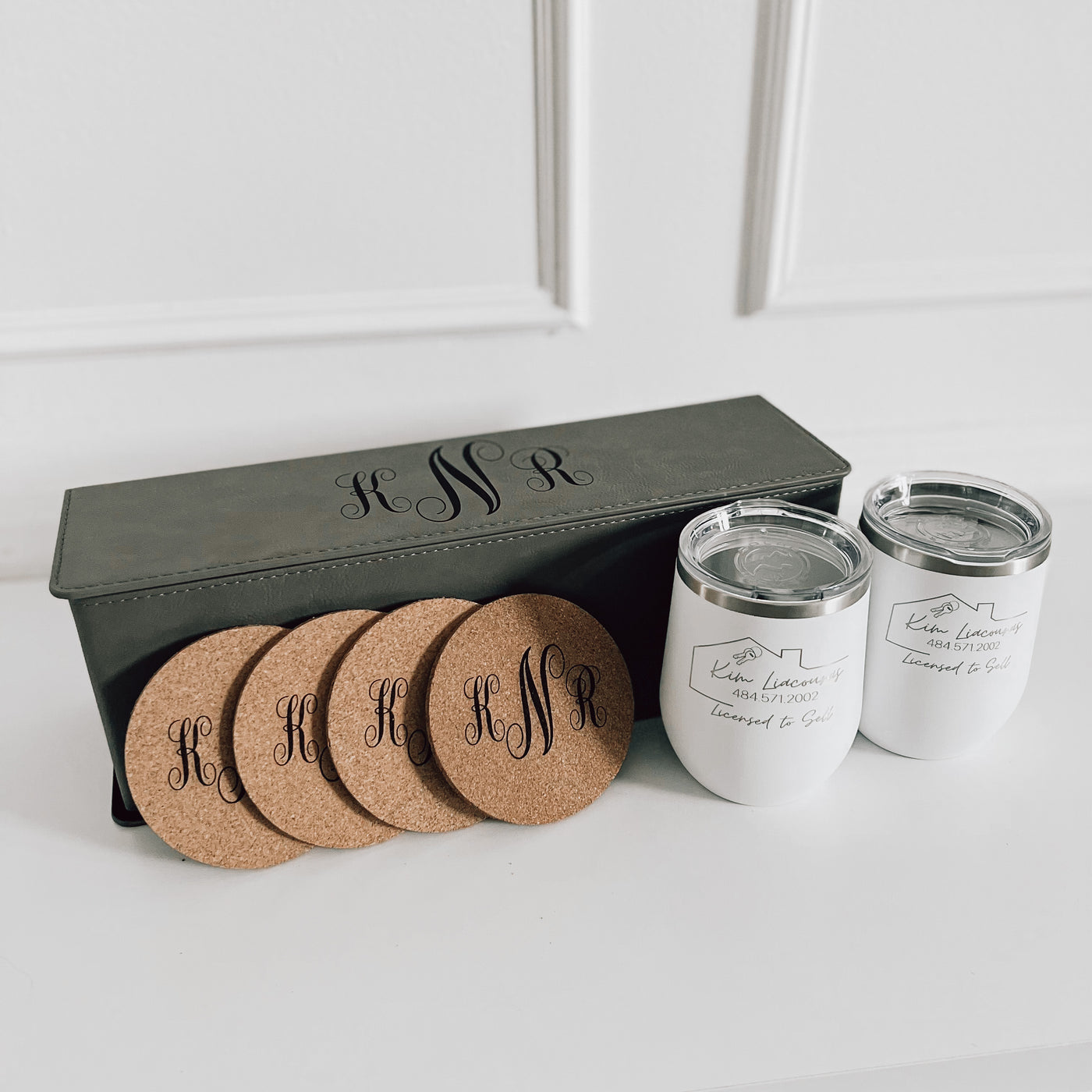 Real estate gift of the wine lovers set 3 including a custom engraved wine box,  cork coasters and 2 12 oz wine tumblers