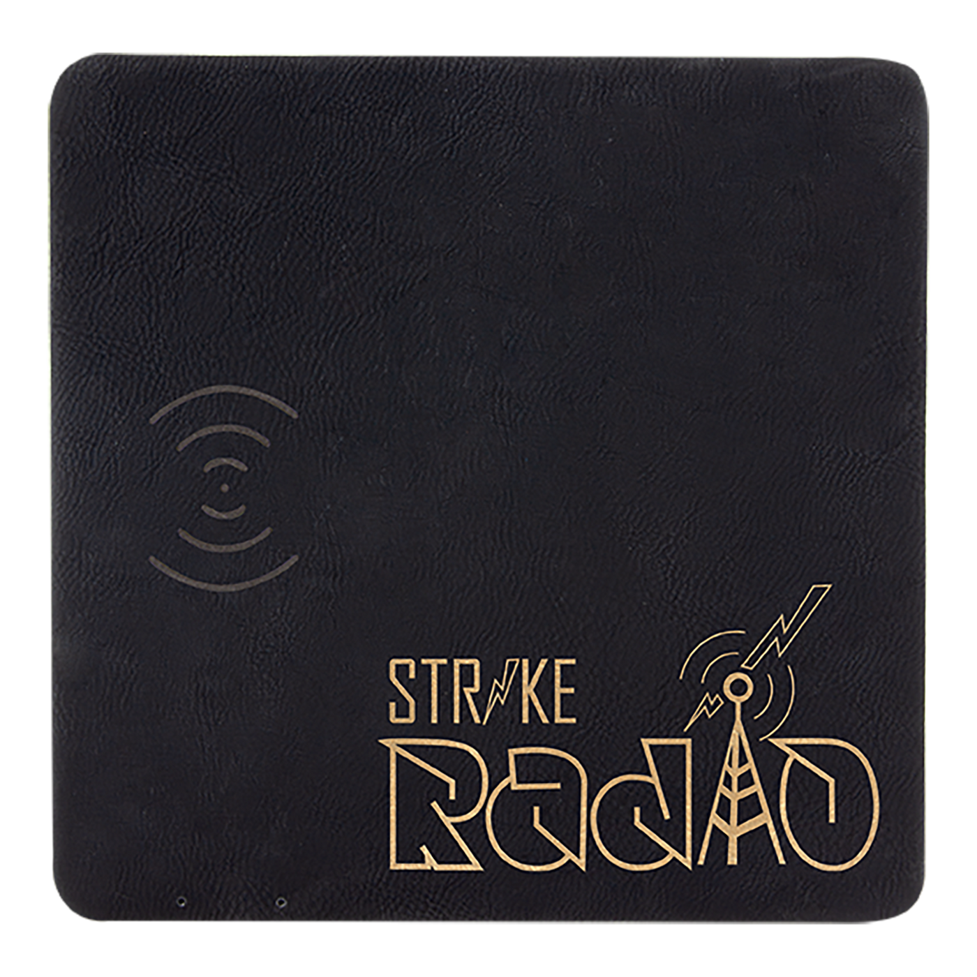 Real estate promotional gift of a black branded leatherette wireless charging mat engraved in gold