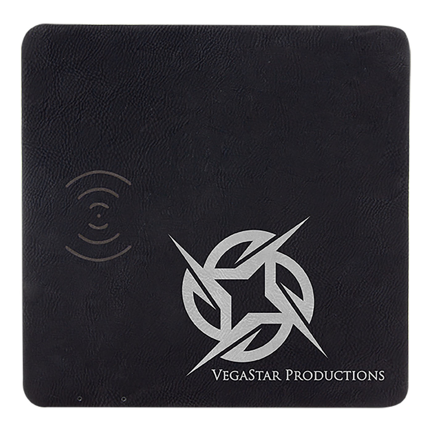 Real estate promotional gift of a black branded leatherette wireless charging mat engraved in silver