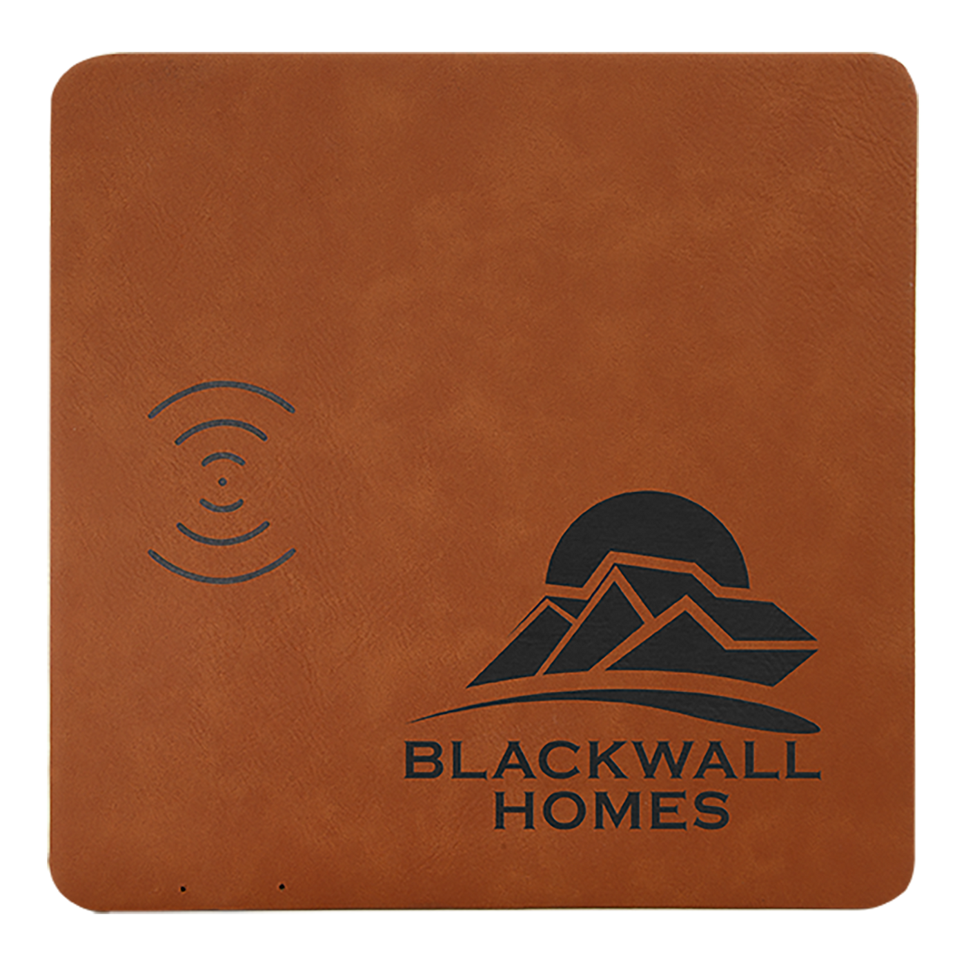 Real estate promotional gift of a rawhide branded leatherette wireless charging mat engraved in black 