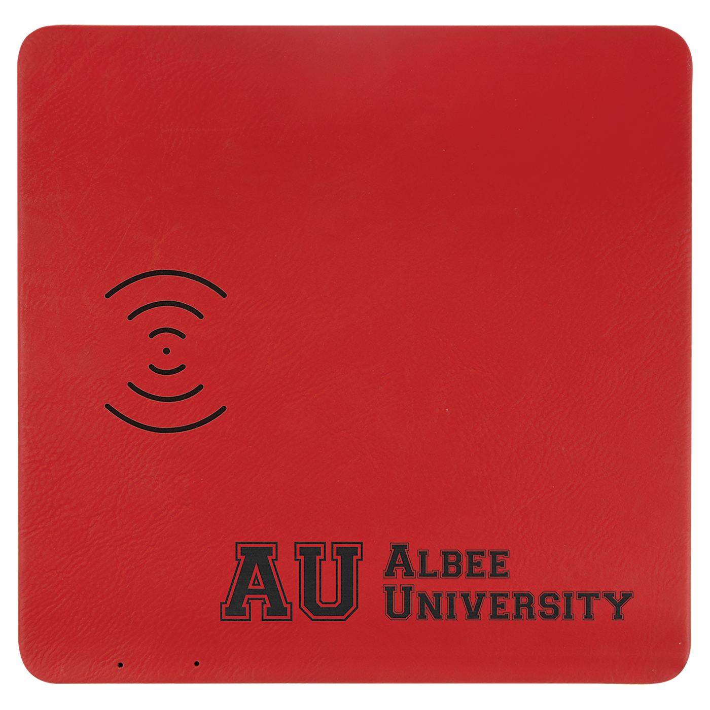 Real estate promotional gift of a red branded leatherette wireless charging mat engraved in black 